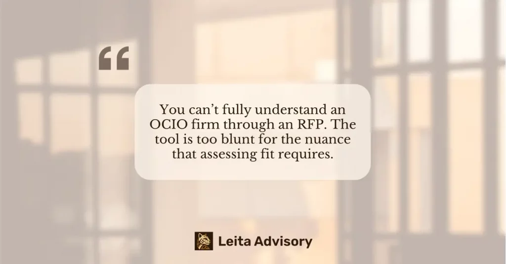 Quote image with the text: “You can’t fully understand an OCIO firm through an RFP. The tool is too blunt for the nuance that assessing fit requires.” Displayed on a soft, blurred background with the Leita Advisory logo to support the OCIO Search Process Refresh thought piece.