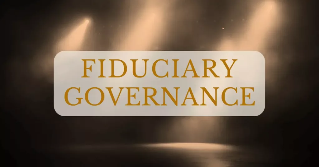 Leita's The Seeker Fiduciary Governance banner with theatrical spotlights and a dark reflective stage