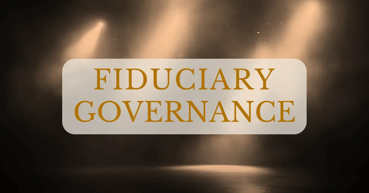 Leita's The Seeker Fiduciary Governance banner with theatrical spotlights and a dark reflective stage
